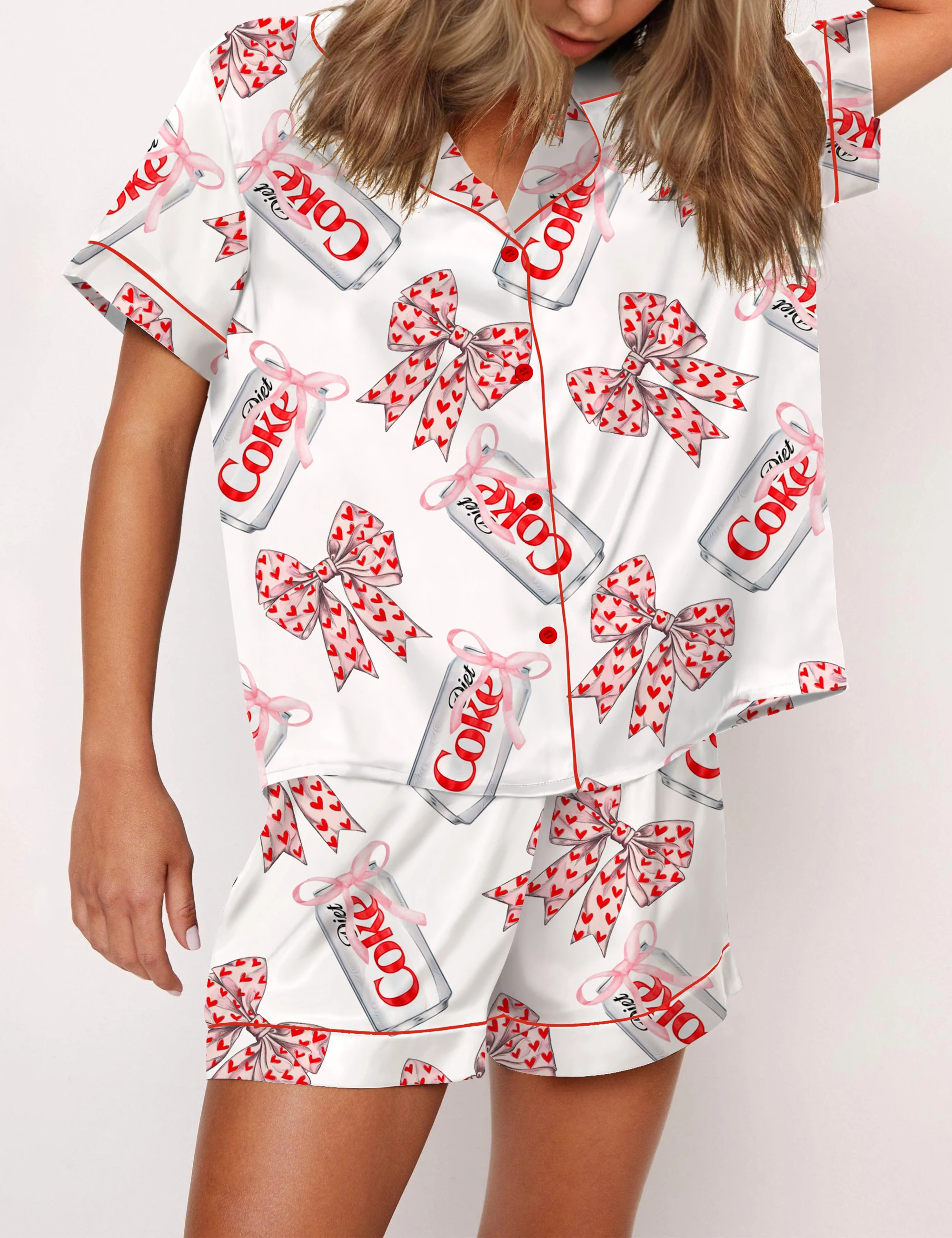 Diet Drinks Pink Bow Coquette Satin Pajama Set For Women