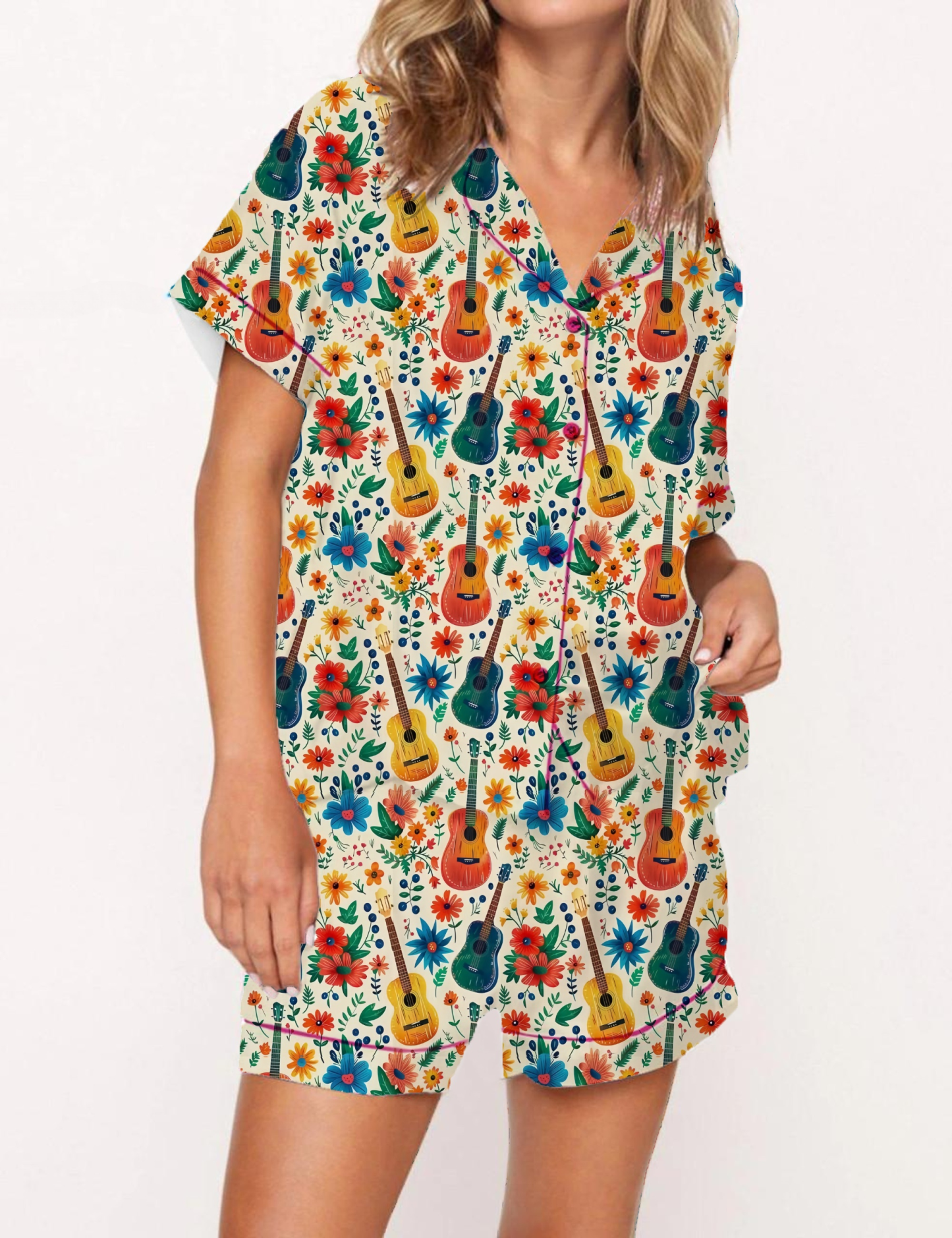  Floral Guitar Satin Pajama Short Set