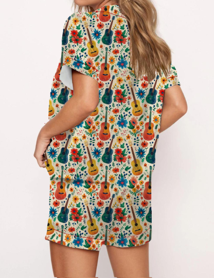  Floral Guitar Satin Pajama Short Set