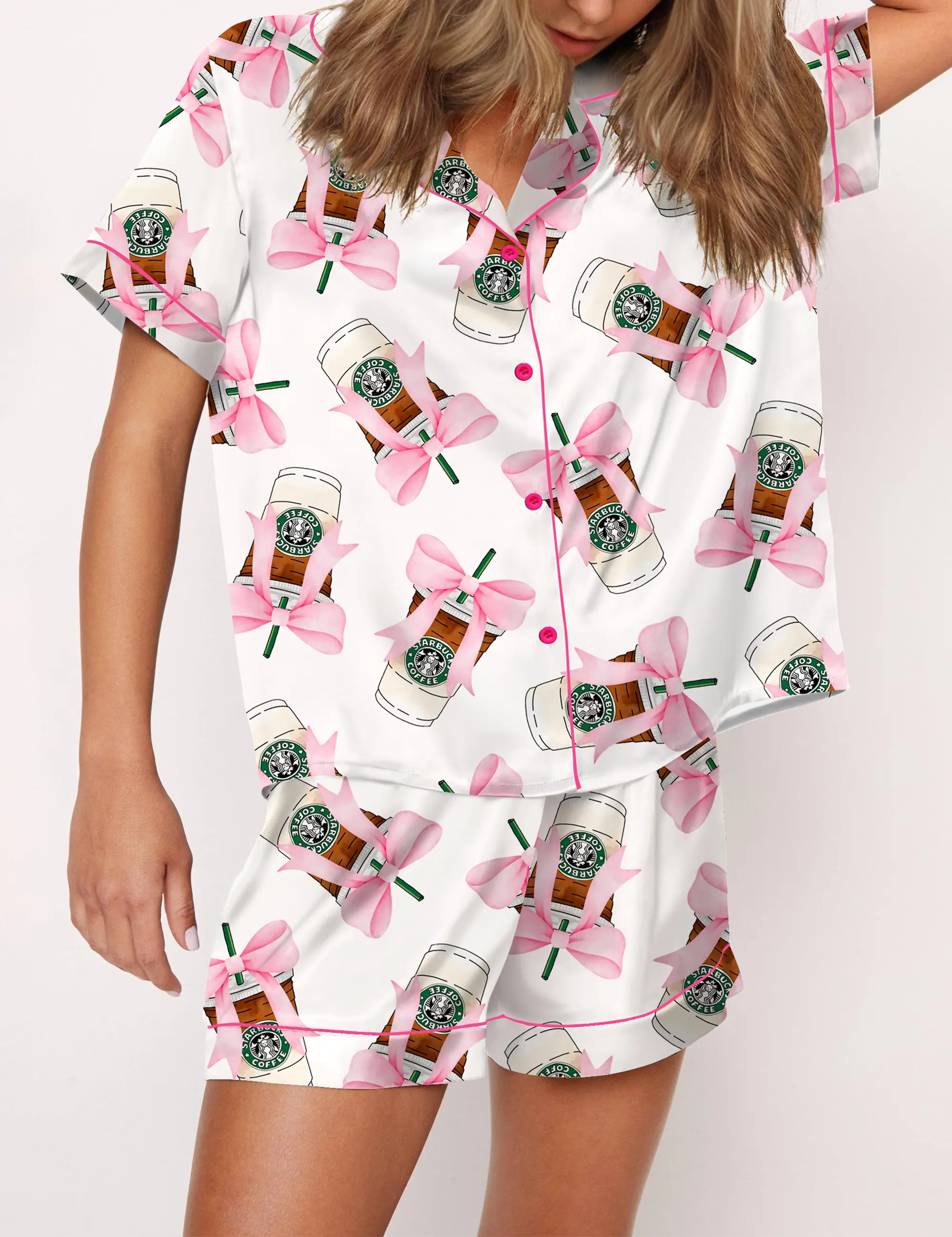 Coquette Coffee Satin Pajama Set For Women