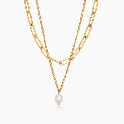 Paperclip & Pearl Drop Layered Necklace