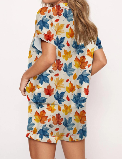 Colorful Leaves Print Satin Pajama Short Set