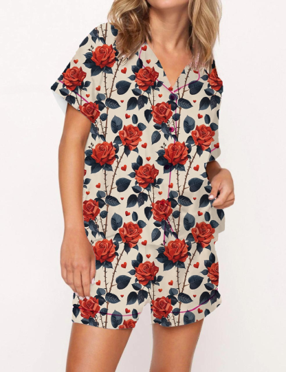 Red Roses Pattern Satin Pajama Short Set