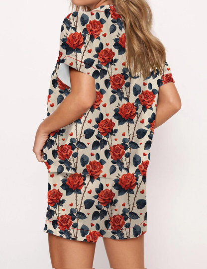Red Roses Pattern Satin Pajama Short Set