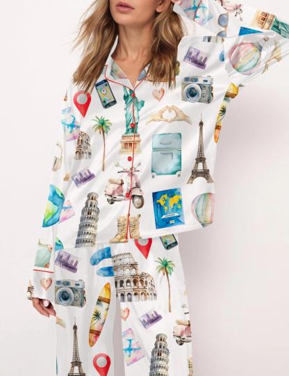 Travel Lover Satin Pajama Set For Women