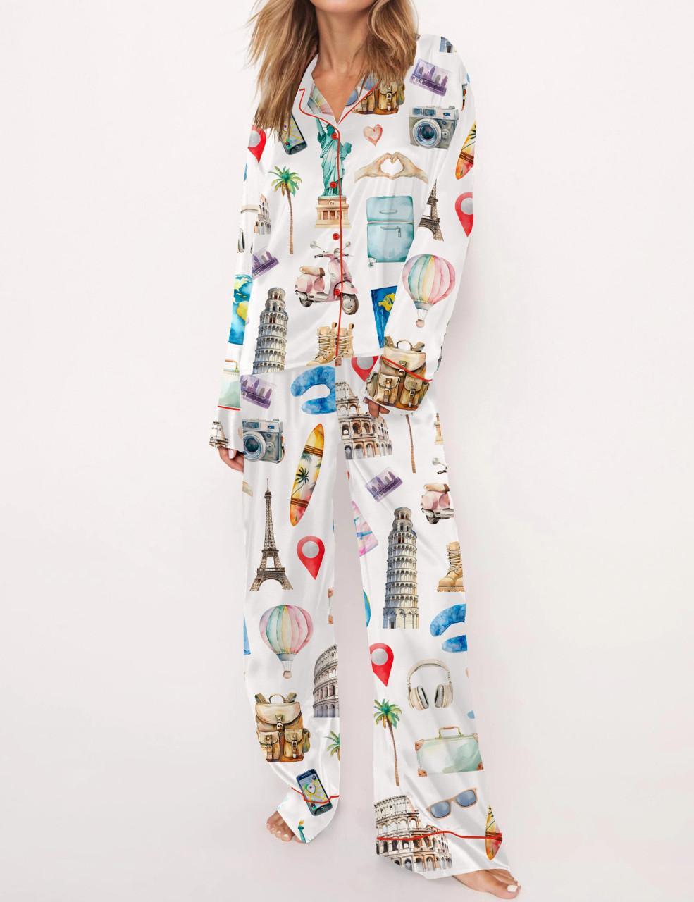 Travel Lover Satin Pajama Set For Women