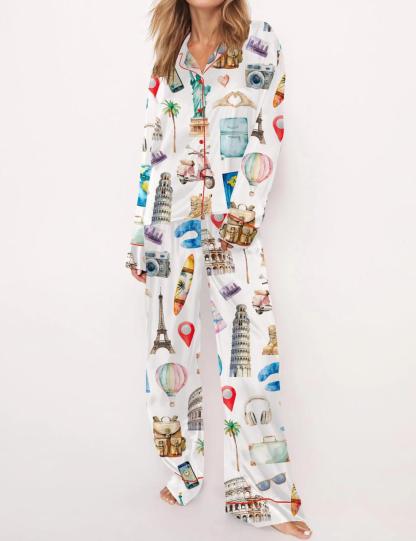 Travel Lover Satin Pajama Set For Women