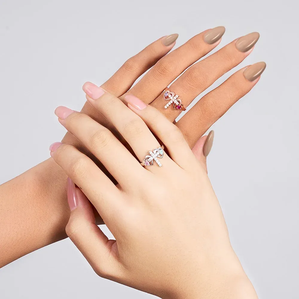 Personalized Double Heart Birthstone Cross Ring with Engraved Text Birthday Baptism Gift for Women