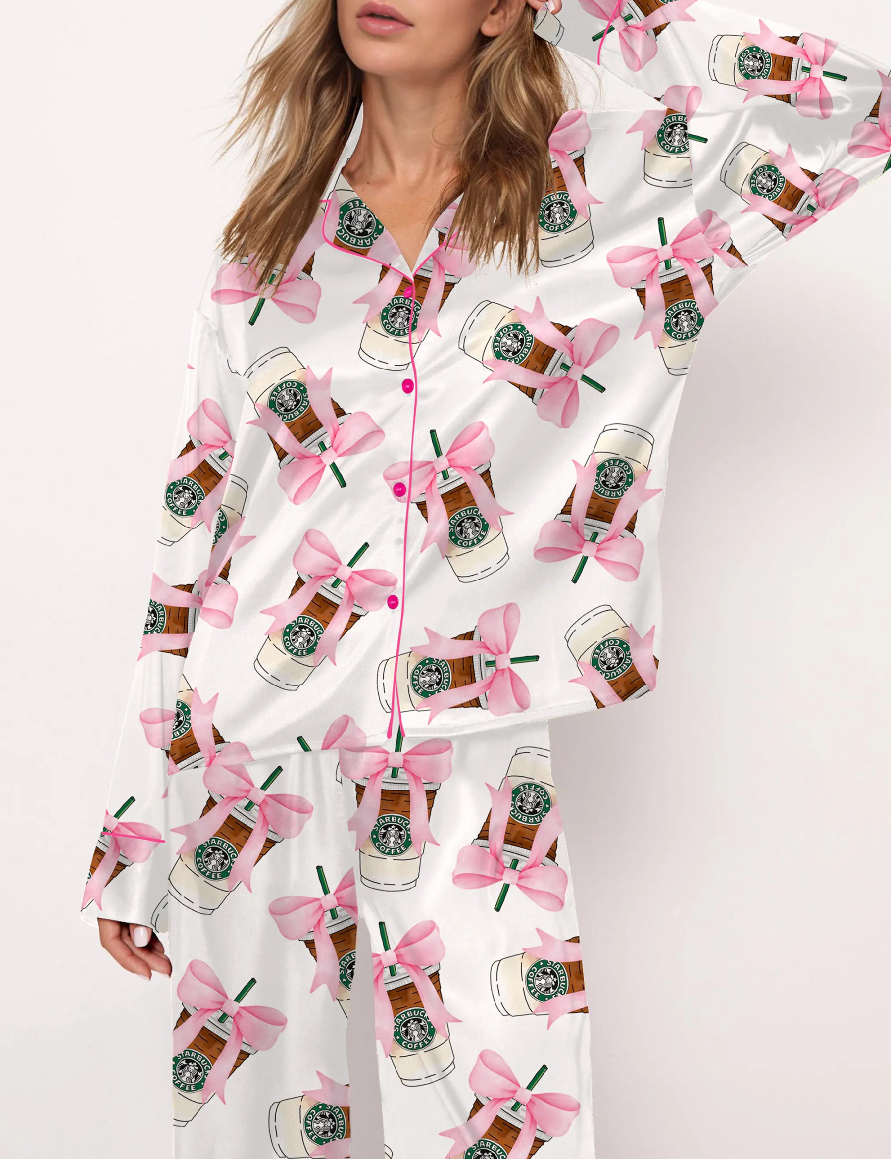 Coquette Coffee Satin Pajama Set For Women