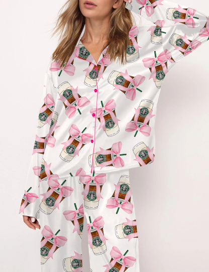 Coquette Coffee Satin Pajama Set For Women