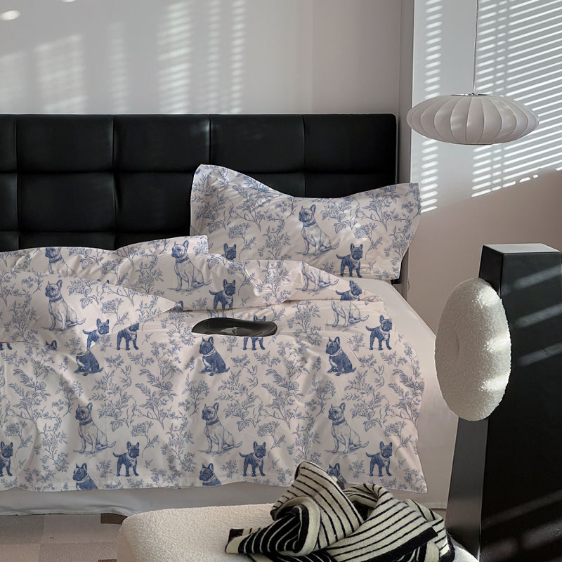 French Bulldogs Toile 100% Cotton Duvet Cover Set  King Twin Comforter Queen Bedding for Guest Room Toile de Jouy with Hidden Zipper Closure 3Pcs