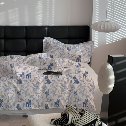 French Bulldogs Toile 100% Cotton Duvet Cover Set  King Twin Comforter Queen Bedding for Guest Room Toile de Jouy with Hidden Zipper Closure 3Pcs