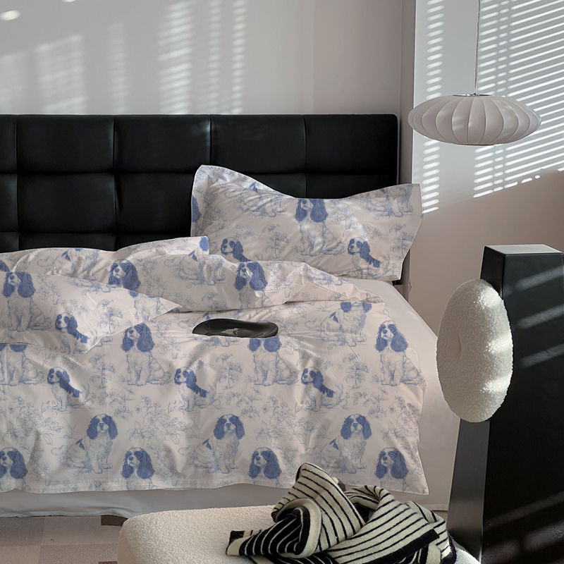 Cavalier King Charles Toile 100% Cotton Duvet Cover Set  King Twin Comforter Queen Bedding for Guest Room Toile de Jouy with Hidden Zipper Closure 3Pcs