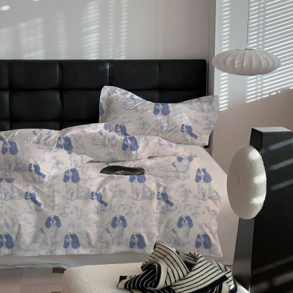 Cavalier King Charles Toile 100% Cotton Duvet Cover Set  King Twin Comforter Queen Bedding for Guest Room Toile de Jouy with Hidden Zipper Closure 3Pcs