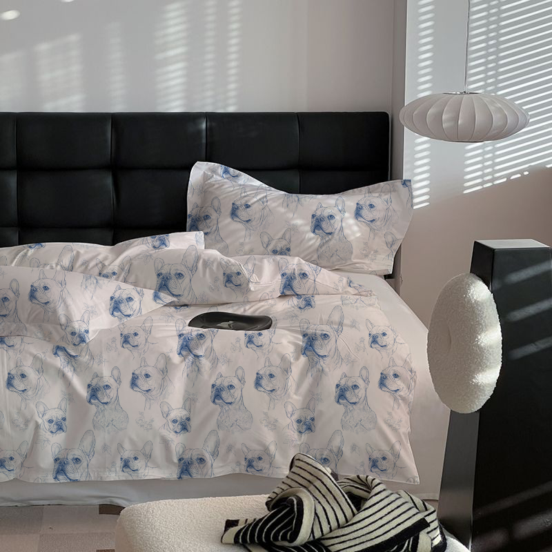 French Bulldogs Toile 100% Cotton Duvet Cover Set  King Twin Comforter Queen Bedding for Guest Room with Hidden Zipper Closure 3Pcs
