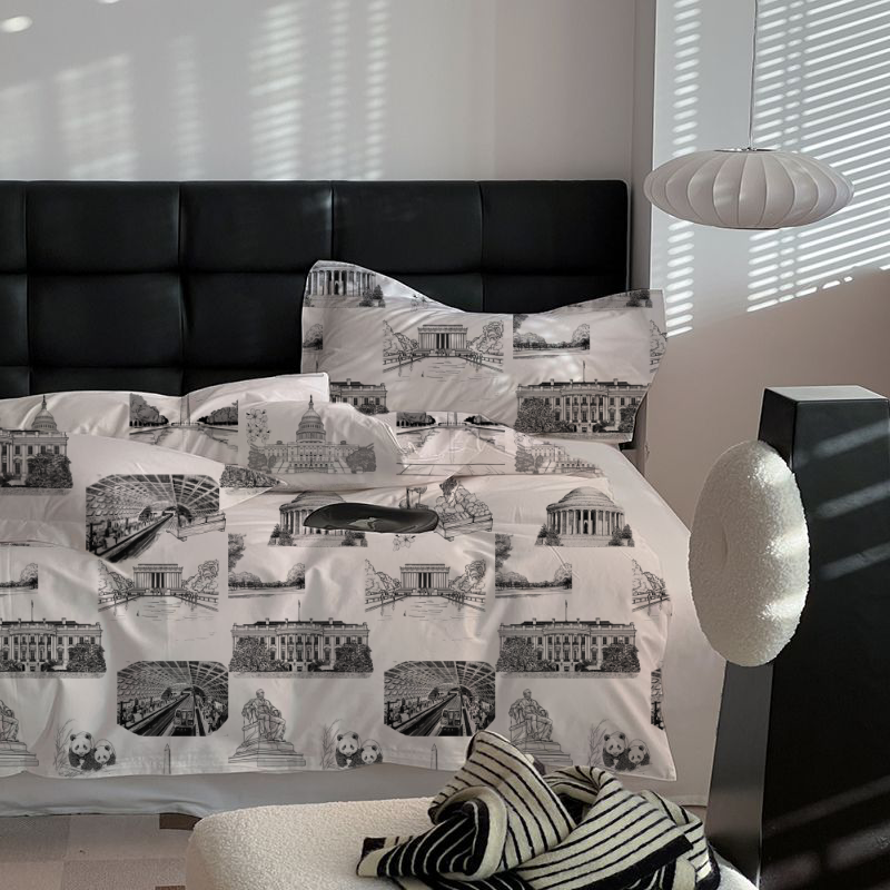 Washington DC Toile 100% Cotton Duvet Cover Set  King Twin Comforter Queen Bedding for Guest Room with Hidden Zipper Closure 3Pcs