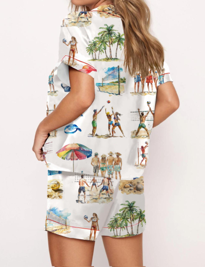 Beach Volleyball Silky Satin Pajama Short Set For Women