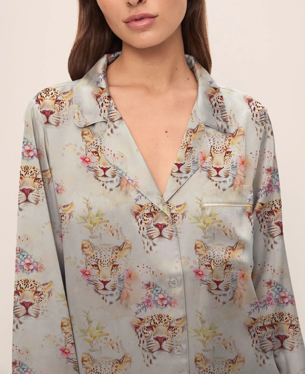 Cheetah Silky Satin Pajama Long Set For Women