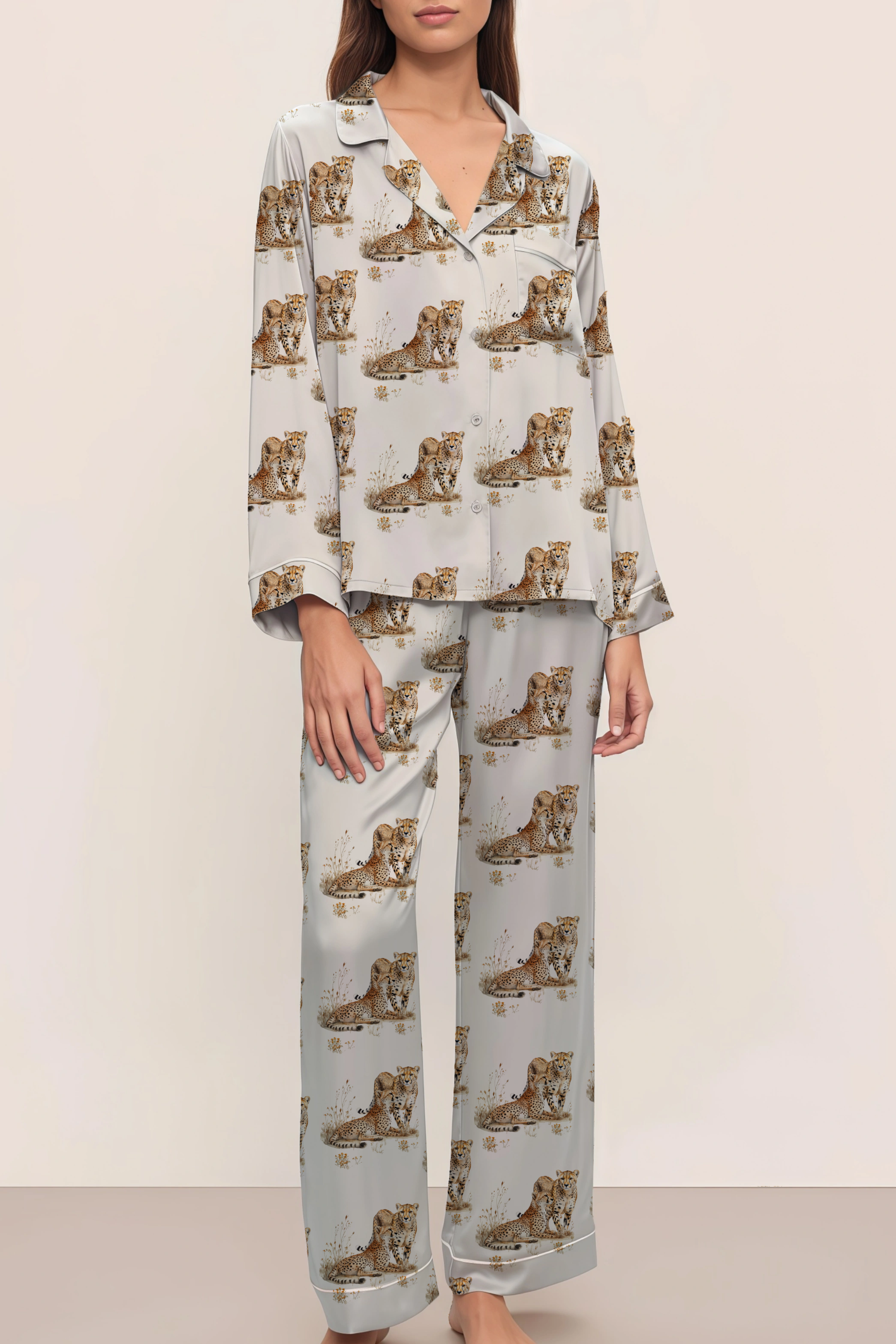 Cheetah Silky Satin Pajama Long Set For Women