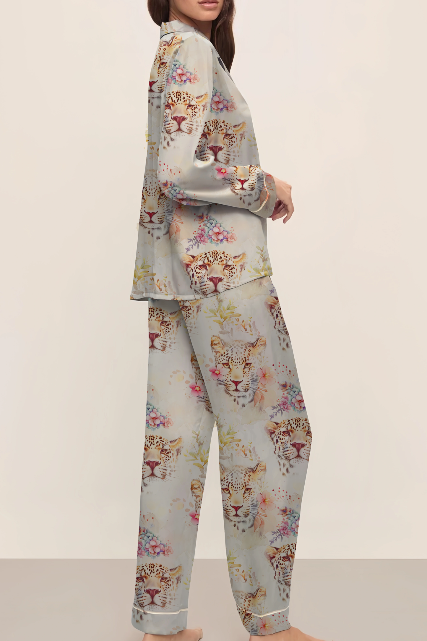 Cheetah Silky Satin Pajama Long Set For Women