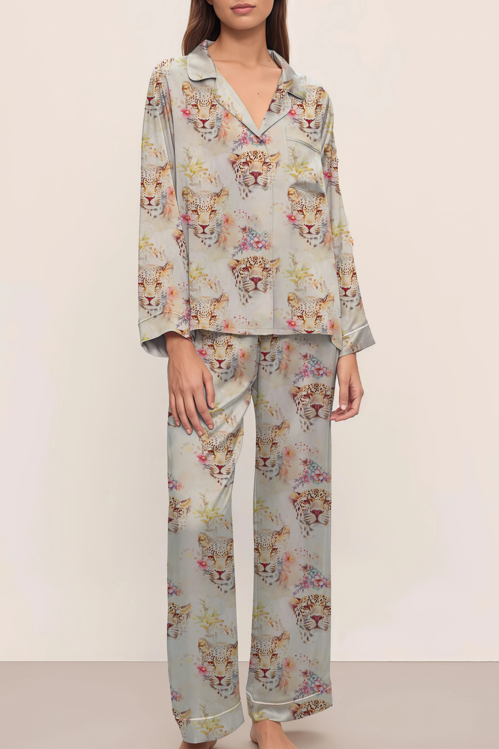 Cheetah Silky Satin Pajama Long Set For Women