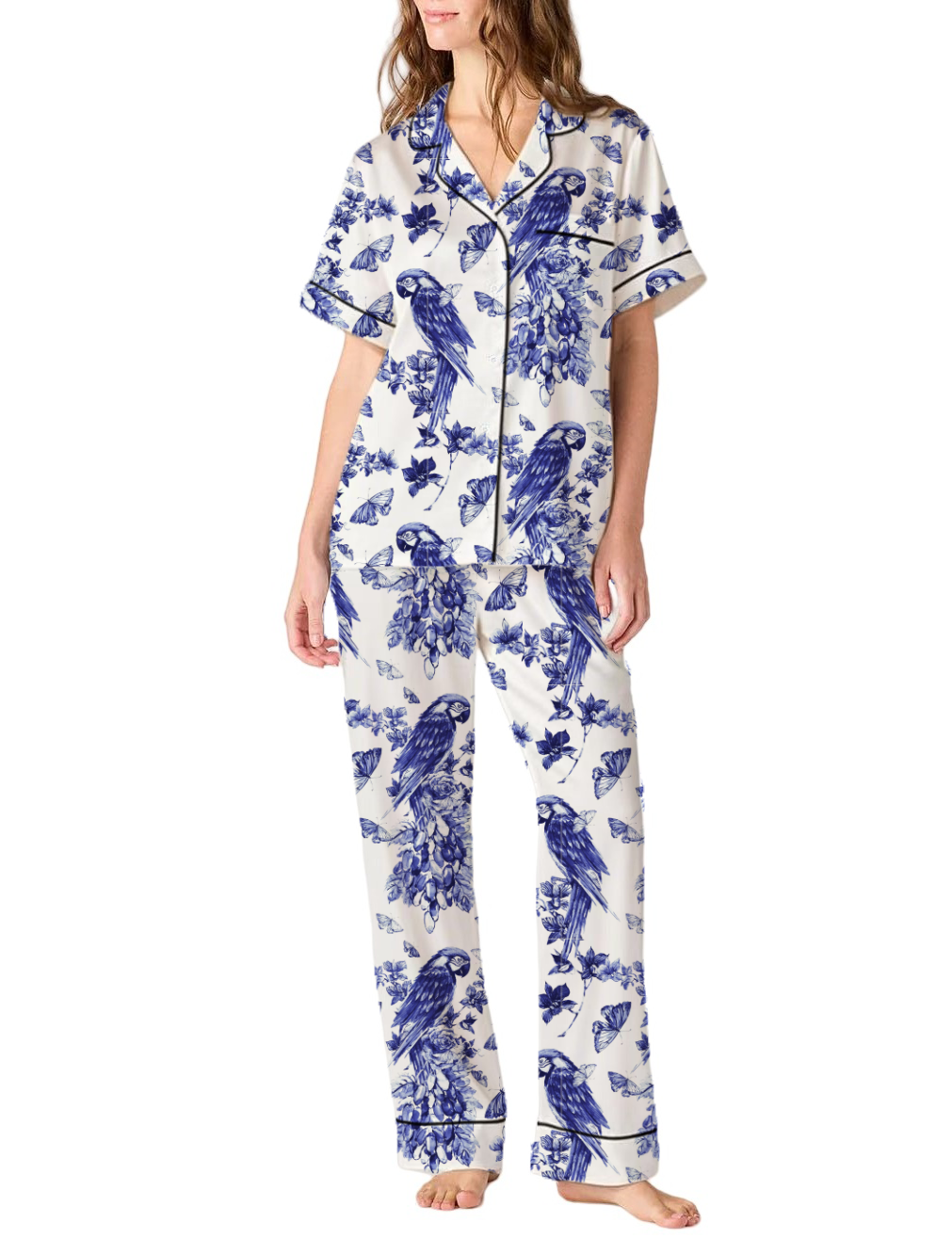 Floral Parrot Toile Satin Pajama Pants Set For Women