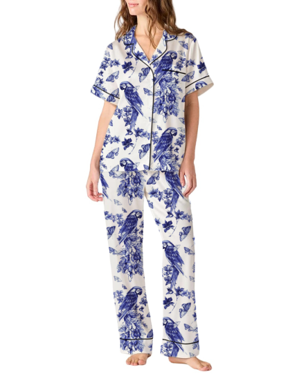 Floral Parrot Toile Satin Pajama Pants Set For Women