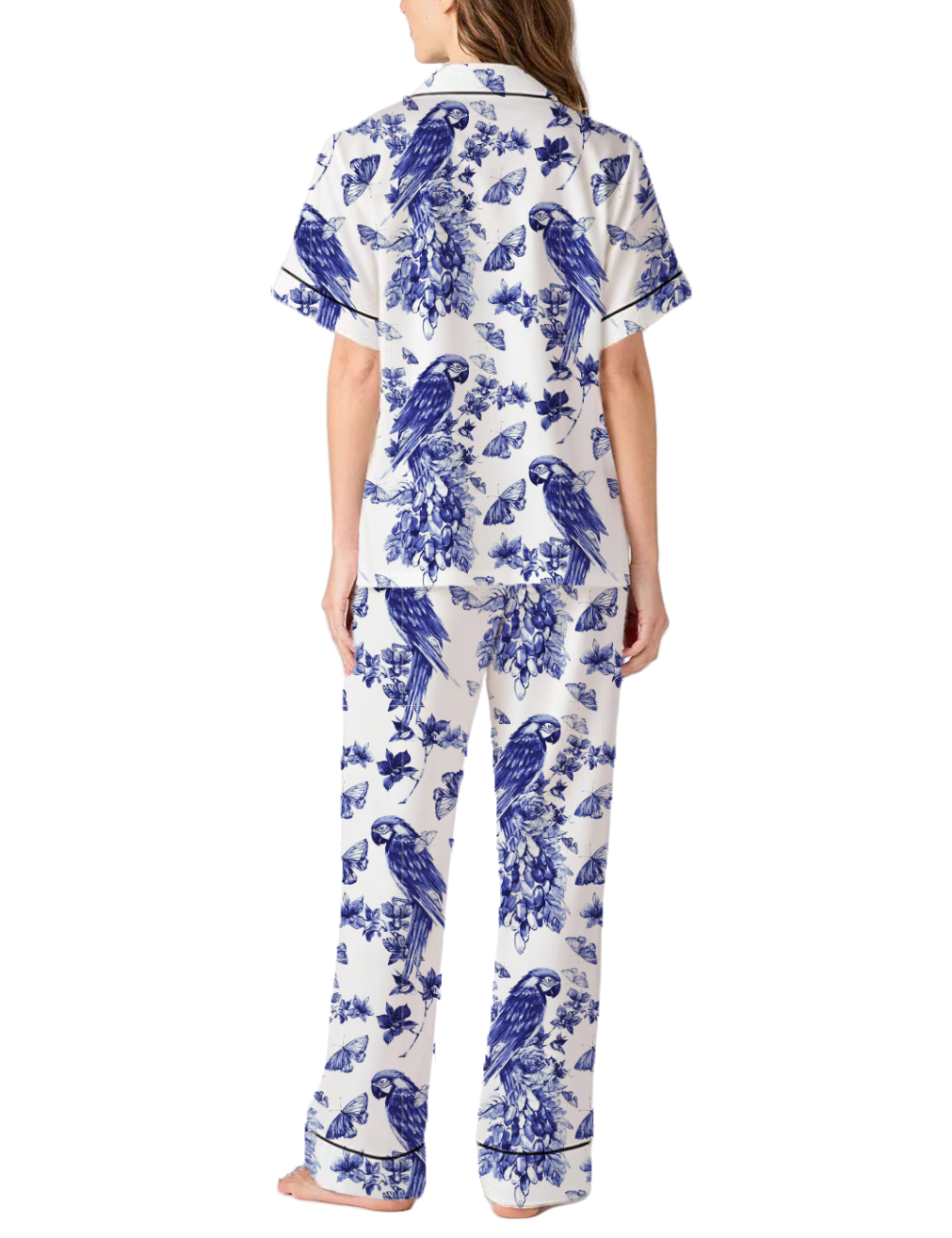 Floral Parrot Toile Satin Pajama Pants Set For Women