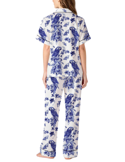 Floral Parrot Toile Satin Pajama Pants Set For Women
