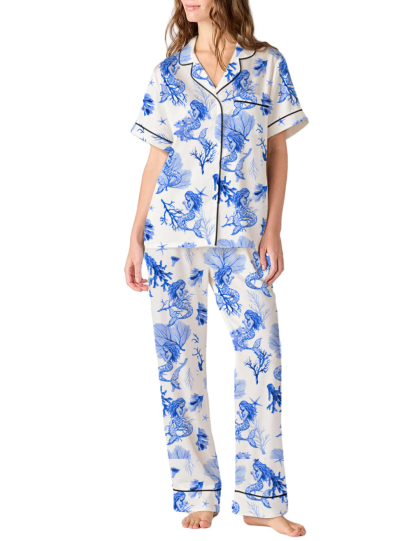 Mermaid Toile Satin Pajama Pants Set For Women