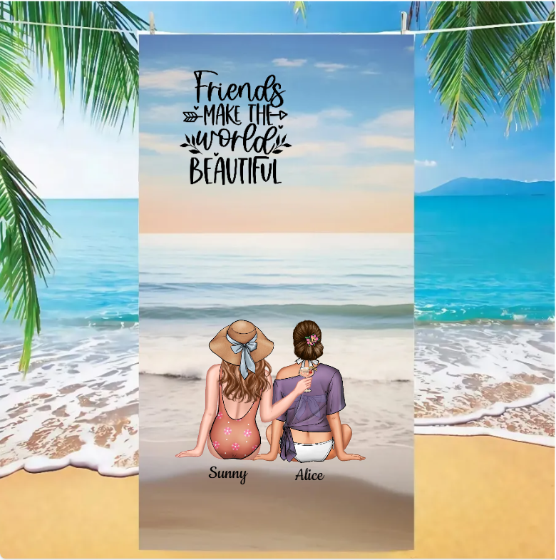 Personalized Oversized Quick Dry Microfiber Sunset Best Friend Caption "Friends make the world beautiful" Beach Towel  Best Friend Gift For Her