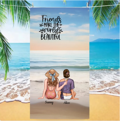 Personalized Oversized Quick Dry Microfiber Sunset Best Friend Caption "Friends make the world beautiful" Beach Towel  Best Friend Gift For Her