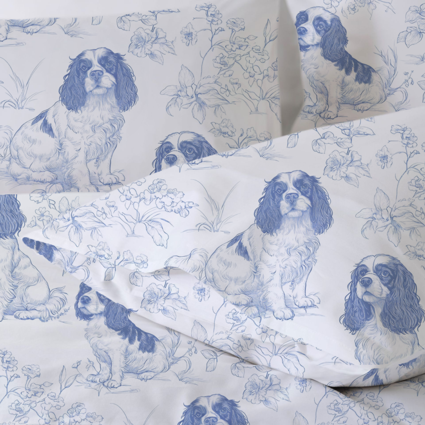 Cavalier King Charles Toile 100% Cotton Duvet Cover Set  King Twin Comforter Queen Bedding for Guest Room Toile de Jouy with Hidden Zipper Closure 3Pcs