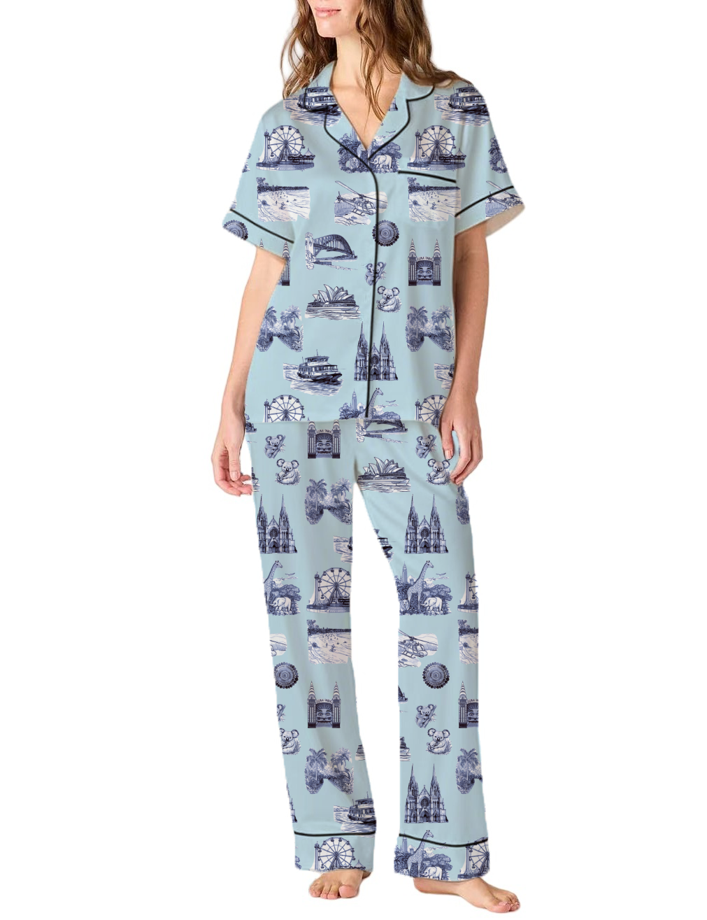 Sydney Travel Toile Silky Satin Pajama Pants Set For Women