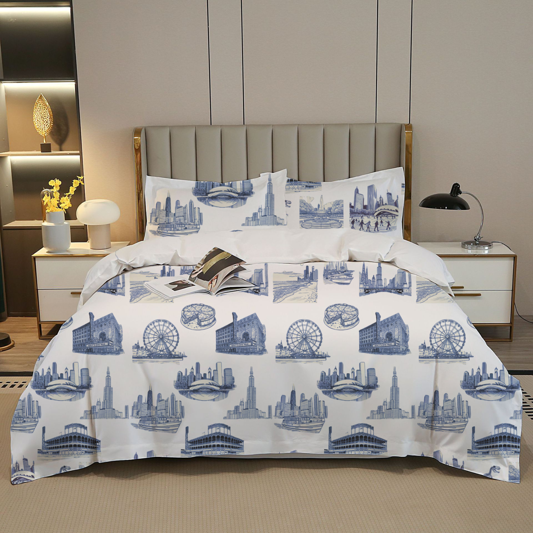 Chicago Toile 100% Cotton Duvet Cover Set  King Twin Comforter Queen Bedding for Guest Room Toile de Jouy with Hidden Zipper Closure 3Pcs