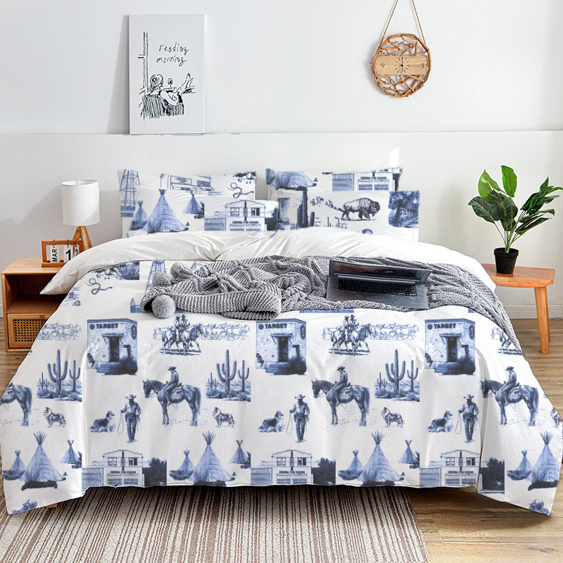 Marfa Toile 100% Cotton Duvet Cover Set  King Twin Comforter Queen Bedding for Guest Room Toile de Jouy with Hidden Zipper Closure 3Pcs