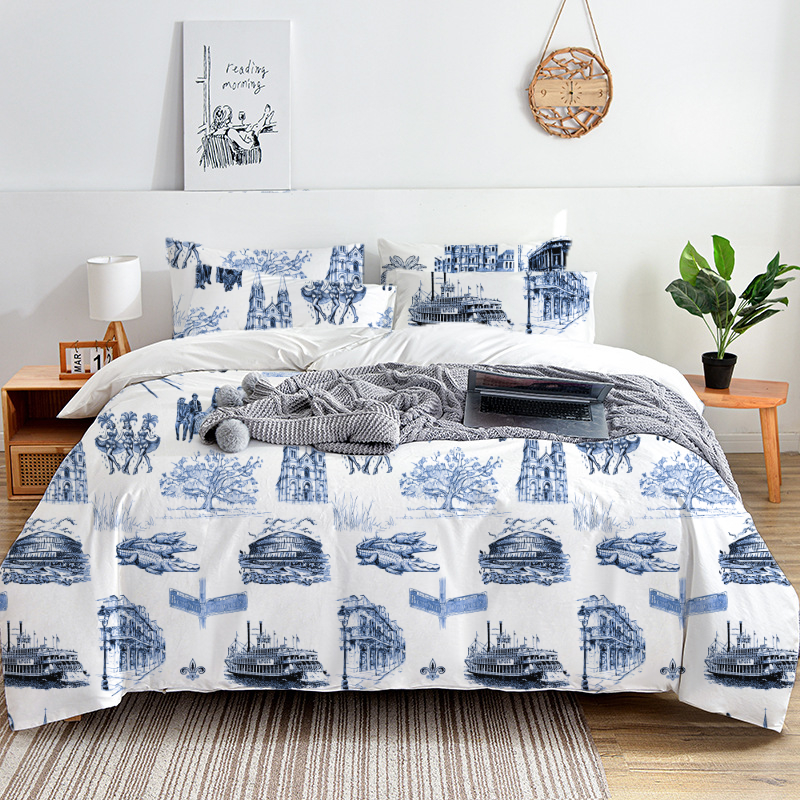 New Orleans Toile 100% Cotton Duvet Cover Set  King Twin Comforter Queen Bedding for Guest Room Toile de Jouy with Hidden Zipper Closure 3Pcs