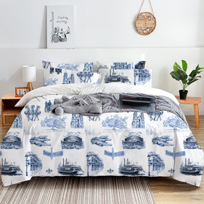 New Orleans Toile 100% Cotton Duvet Cover Set  King Twin Comforter Queen Bedding for Guest Room Toile de Jouy with Hidden Zipper Closure 3Pcs