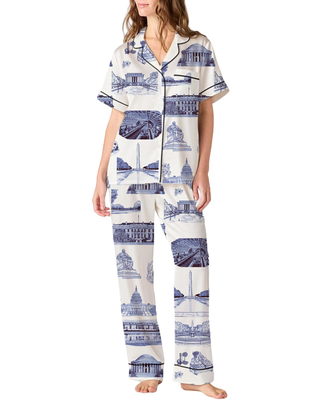 Washington DC Toile Silky Satin Pajama Pants Set For Women