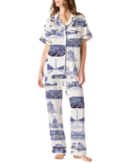 Washington DC Toile Silky Satin Pajama Pants Set For Women