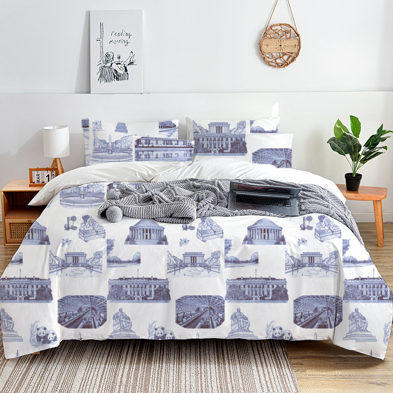 Washington DC Toile 100% Cotton Duvet Cover Set  King Twin Comforter Queen Bedding for Guest Room with Hidden Zipper Closure 3Pcs