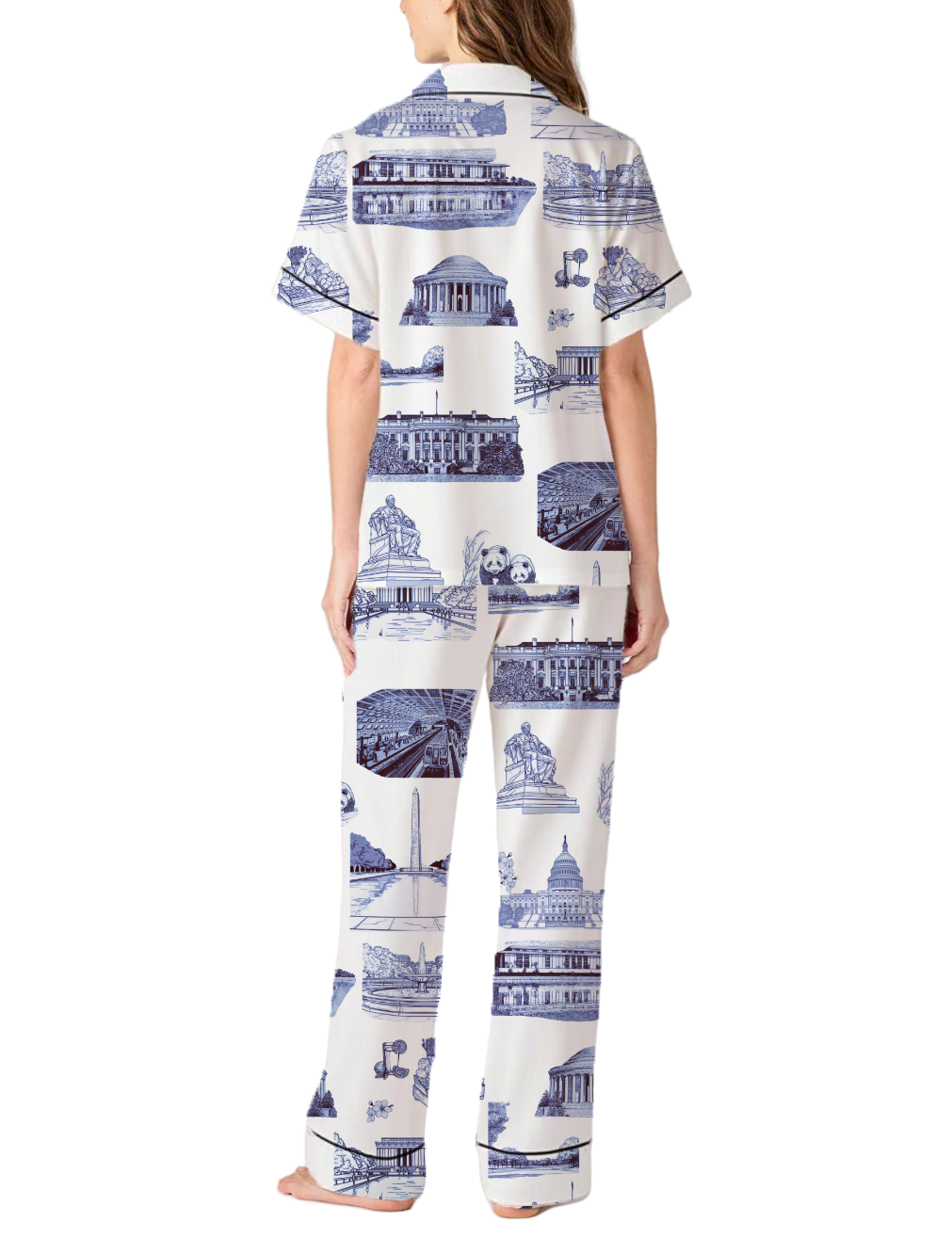 Washington DC Toile Silky Satin Pajama Pants Set For Women