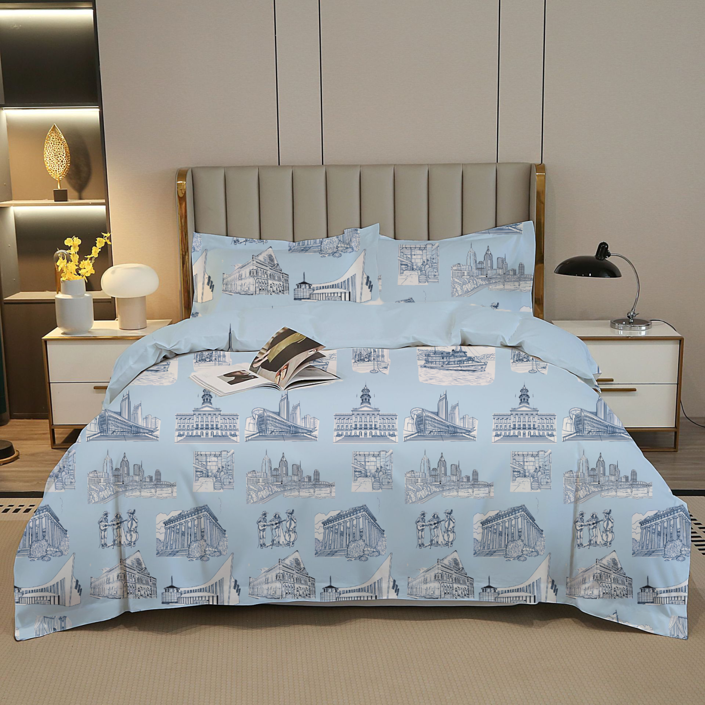 Nashville Toile 100% Cotton Duvet Cover Set  King Twin Comforter Queen Bedding for Guest Room Toile de Jouy with Hidden Zipper Closure 3Pcs