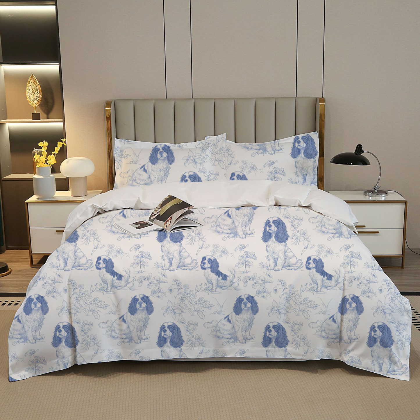 Cavalier King Charles Toile 100% Cotton Duvet Cover Set  King Twin Comforter Queen Bedding for Guest Room Toile de Jouy with Hidden Zipper Closure 3Pcs