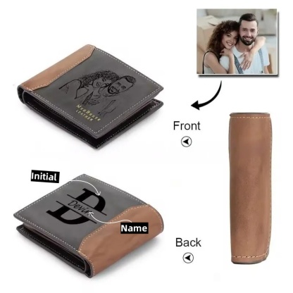 Personalized Photo Leather Men's Bifold Wallet with Engraved Text and Multiple Card Slots Father's Day Anniversary Gift for Him