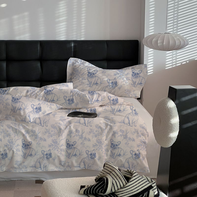 French Bulldogs Toile 100% Cotton Duvet Cover Set  King Twin Comforter Queen Bedding for Guest Room Toile de Jouy with Hidden Zipper Closure 3Pcs