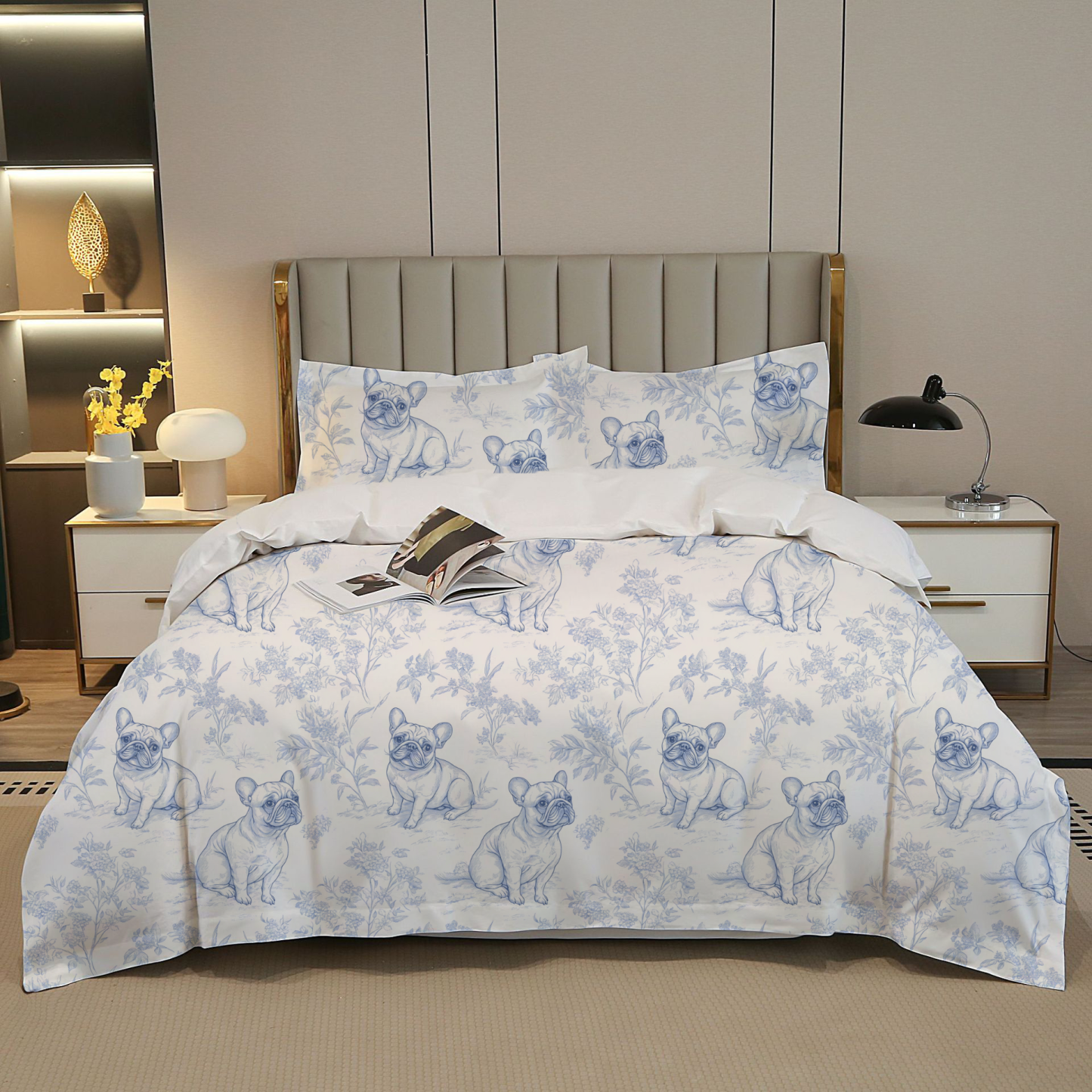 French Bulldogs Toile 100% Cotton Duvet Cover Set  King Twin Comforter Queen Bedding for Guest Room Toile de Jouy with Hidden Zipper Closure 3Pcs