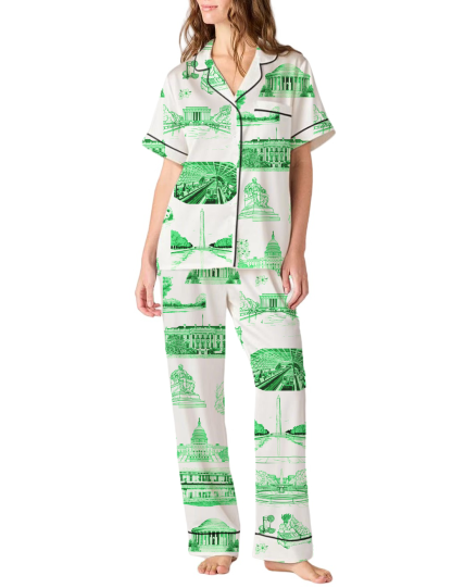 Washington DC Toile Silky Satin Pajama Pants Set For Women