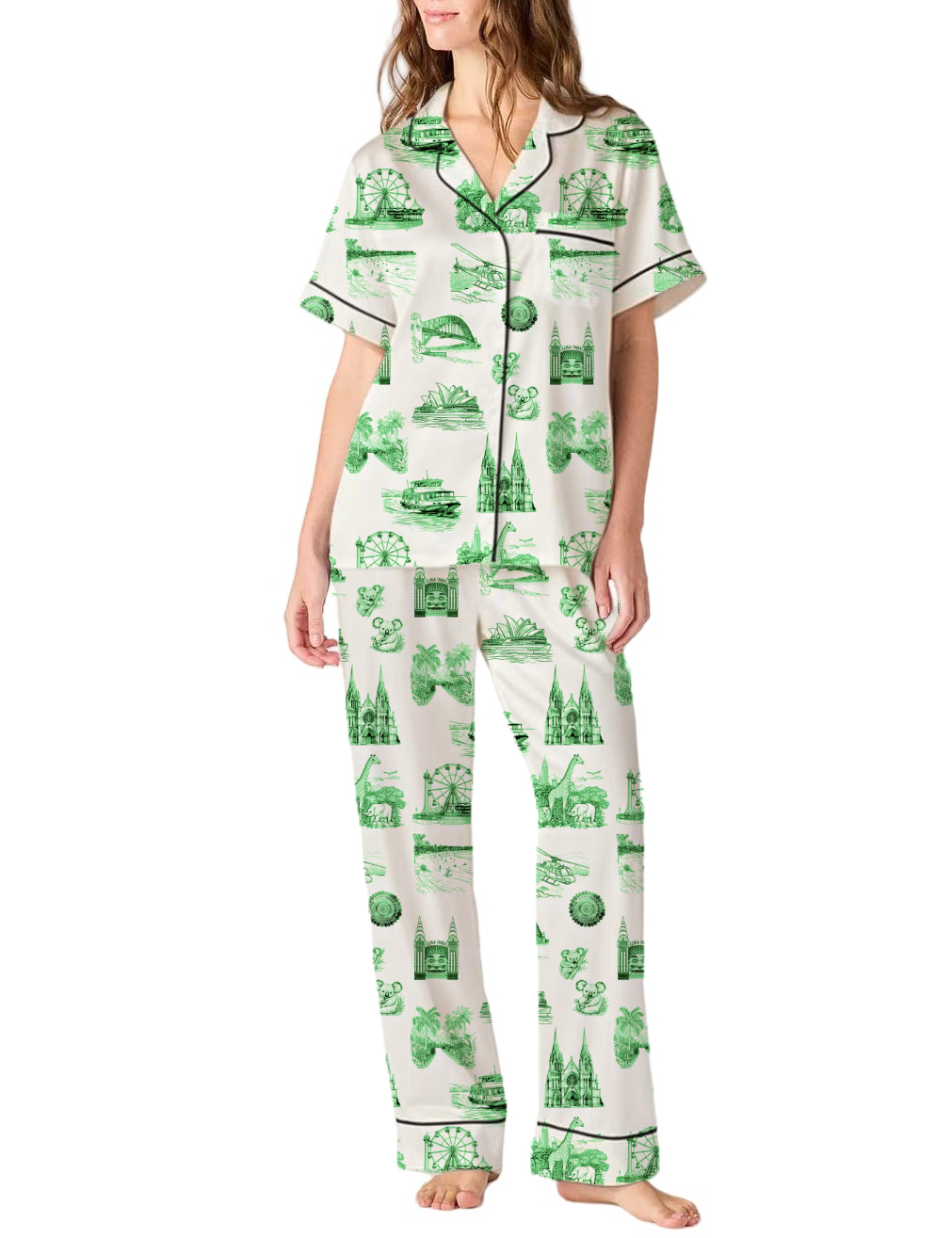 Sydney Travel Toile Silky Satin Pajama Pants Set For Women