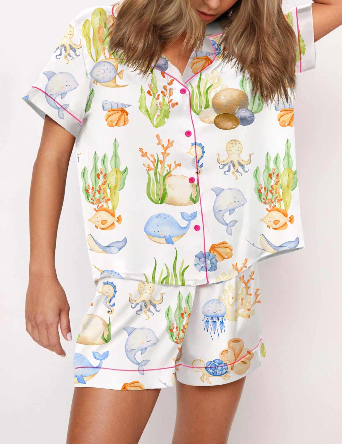 Colorful Marine Life Theme Silky Satin Pajama Short Set For Women